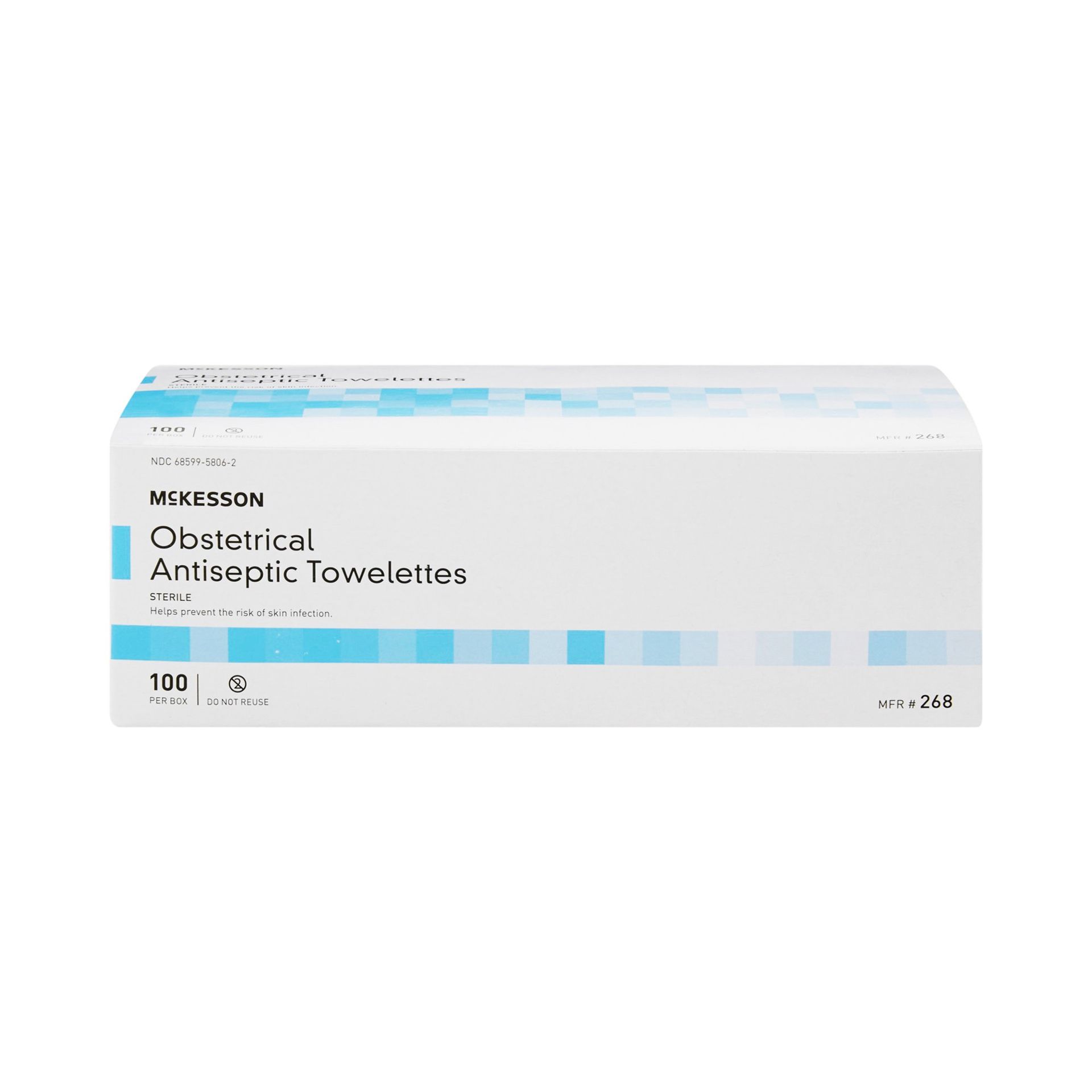 Box of McKesson Obstetrical Antiseptic Towelettes; white with blue text and accents.