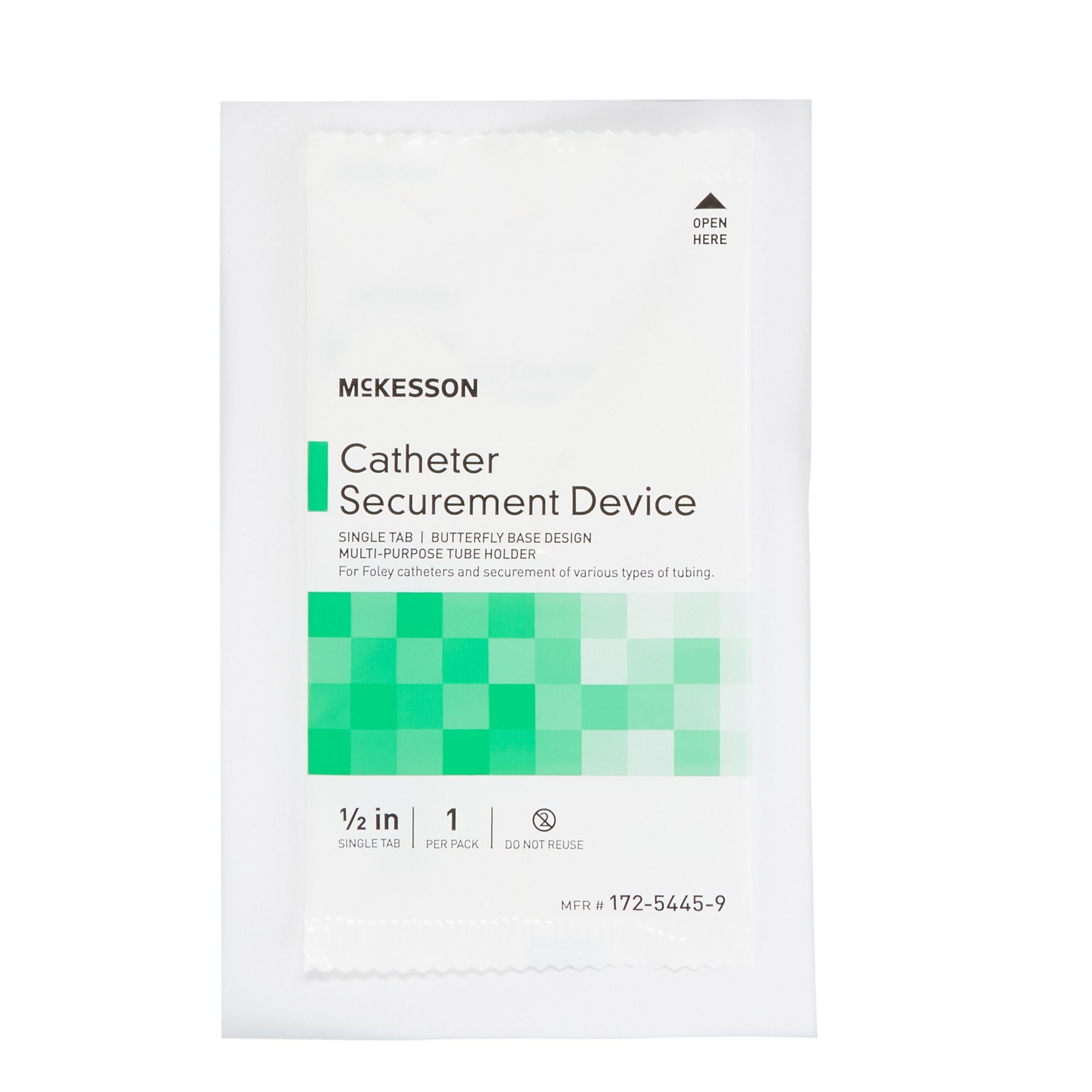 White packet of a McKesson catheter securement device with green and blue text.