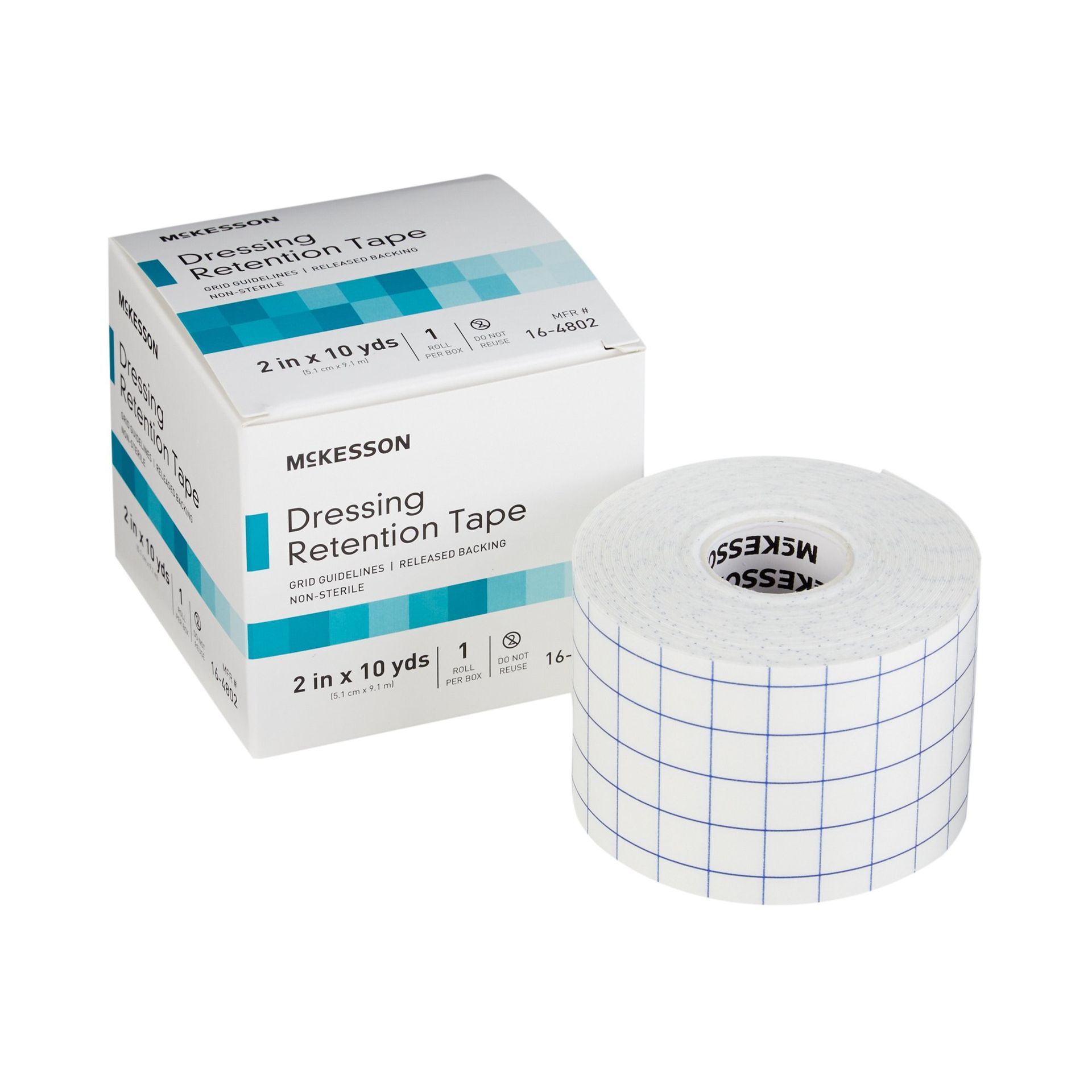 Box and roll of white dressing retention tape with blue grid lines, labeled