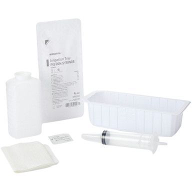 Medical irrigation tray kit: bottle, sterile syringe, basin, gauze, and packet.