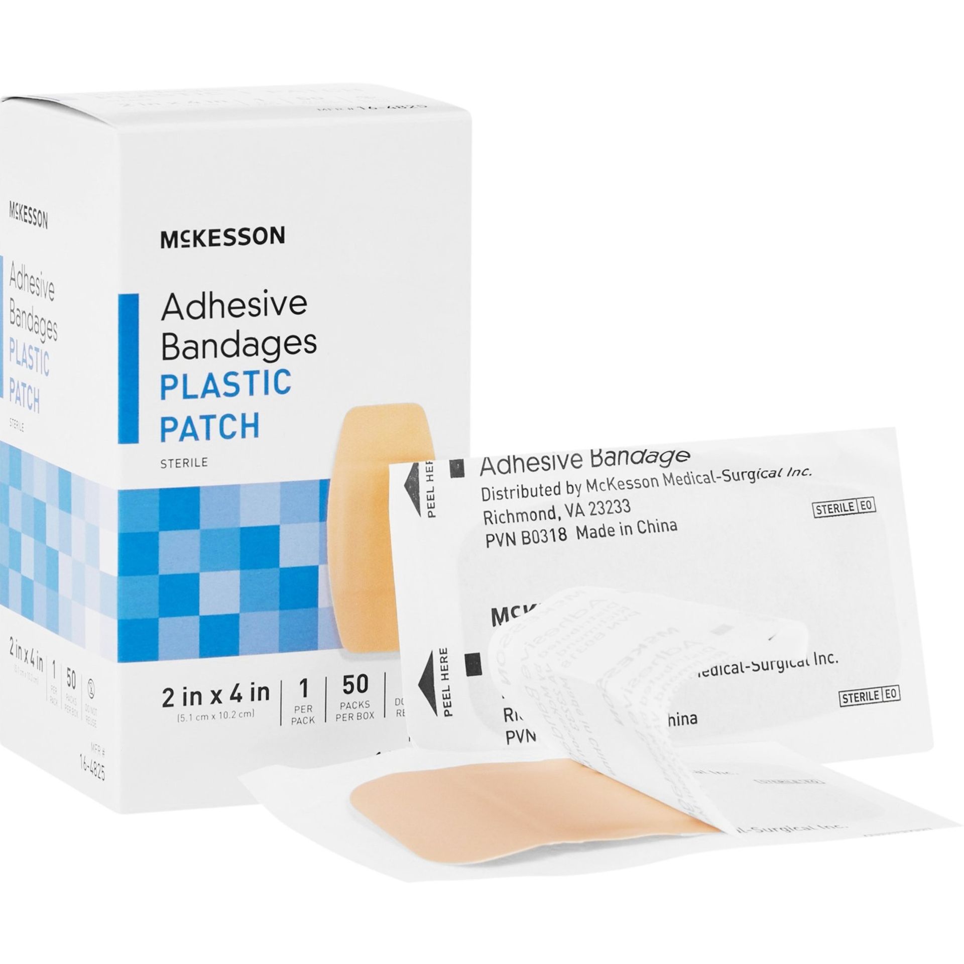Box of McKesson adhesive bandages, plastic patch, with individual wrappers, and a bandage exposed.