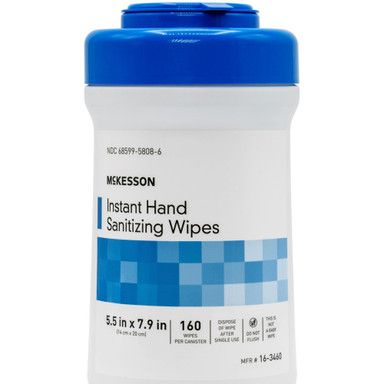 White McKesson Instant Hand Sanitizing Wipes container with a blue lid. 160 wipes.