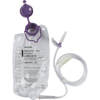 Enteral feeding gravity bag set, clear plastic with purple cap and tubing for medical nutrition.