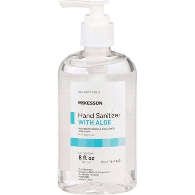 McKesson hand sanitizer bottle with pump. Contains aloe, 8 fl oz. Clear liquid, white label, and light blue accents.