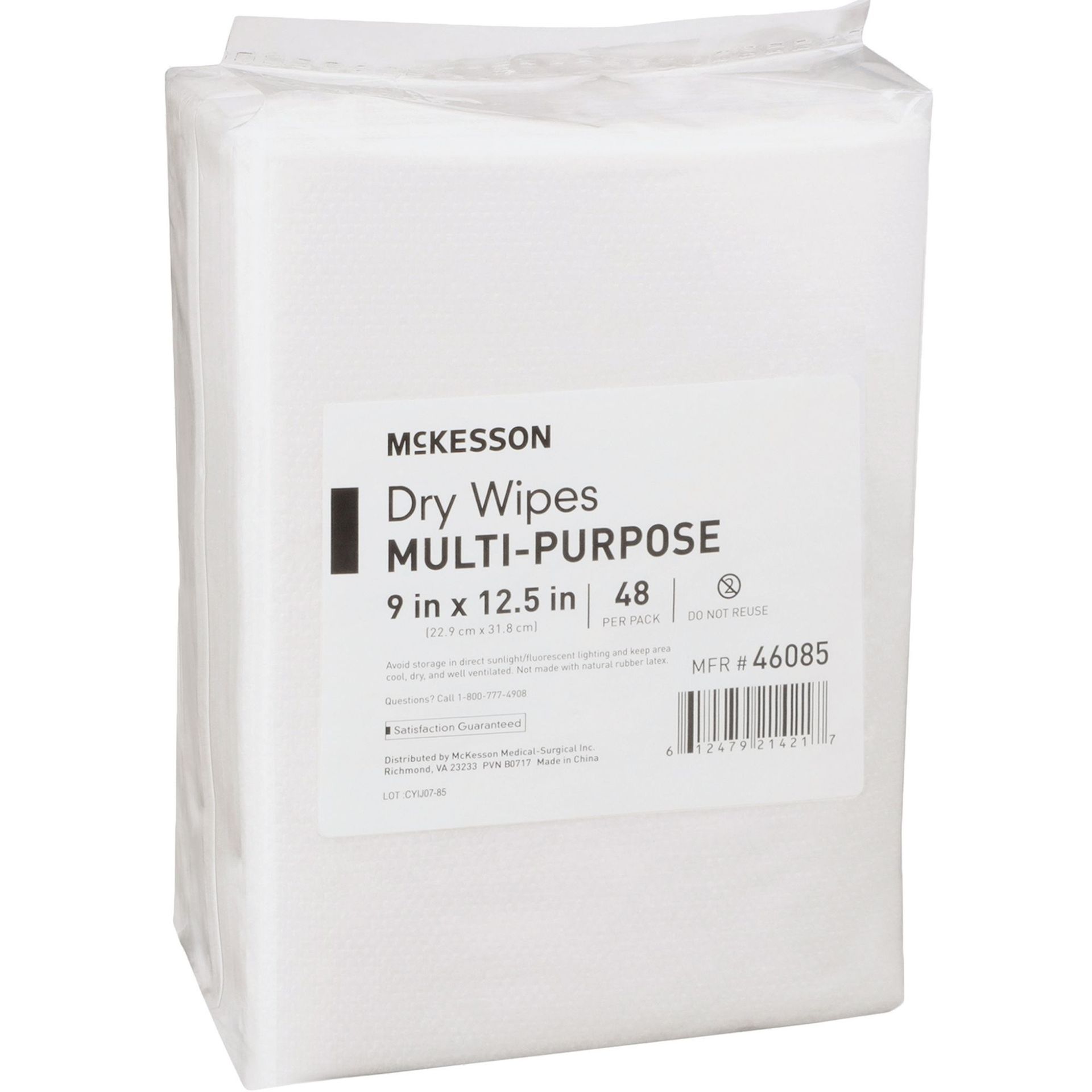Pack of McKesson multi-purpose dry wipes, white with a label, 9x12.5 in, 48 count.