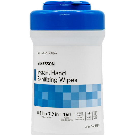White container of McKesson Instant Hand Sanitizing Wipes with blue lid and label.