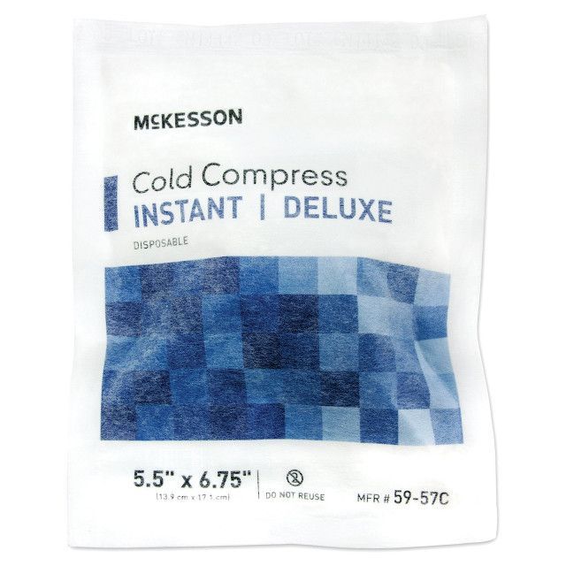 McKesson instant cold compress, disposable, white package with blue design, 5.5