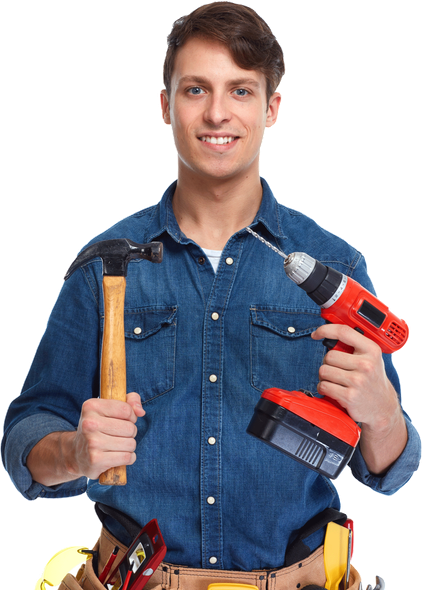 Man grinning while carrying tools for repairs