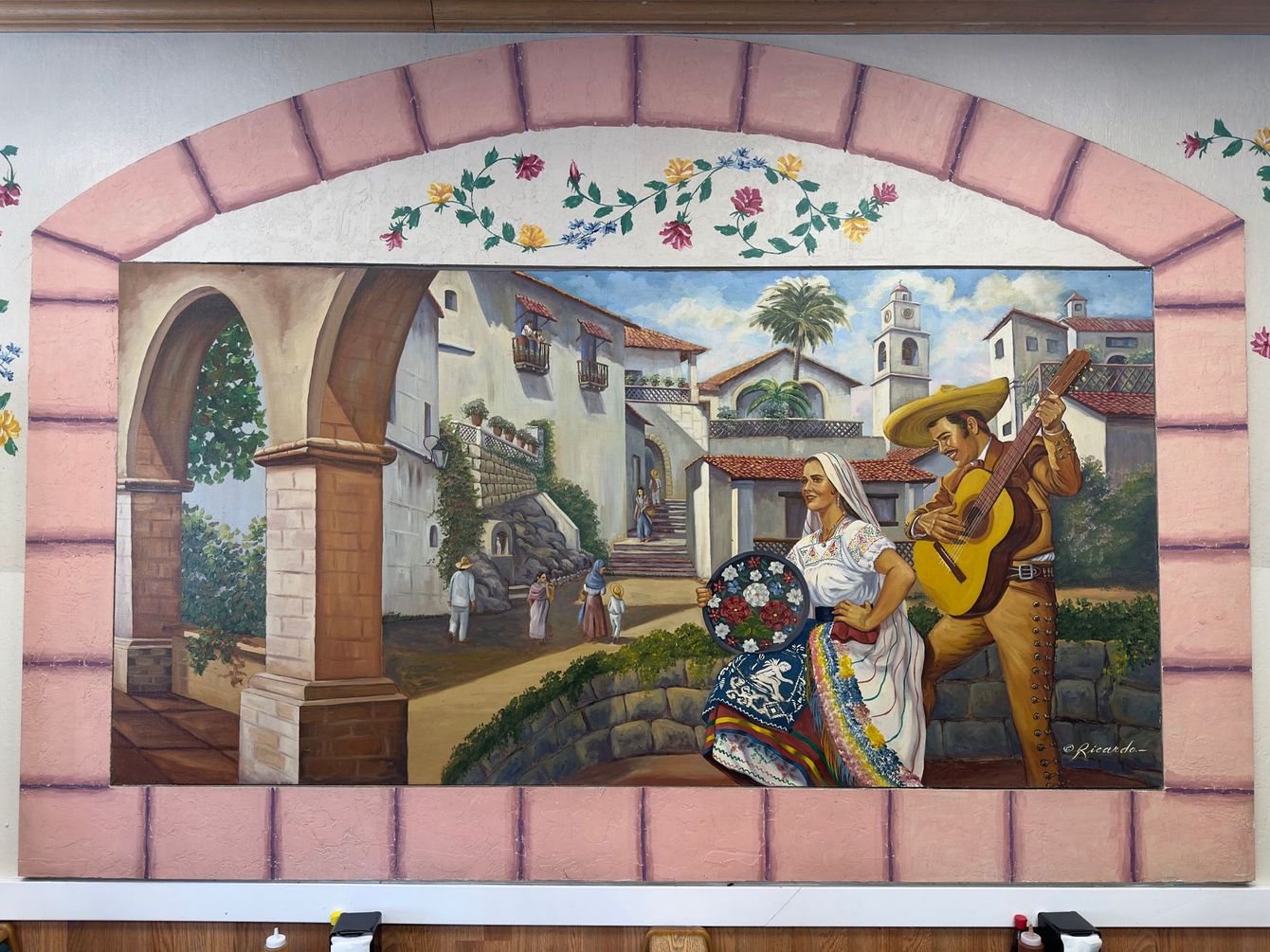 A painting of a group of people standing around a market.