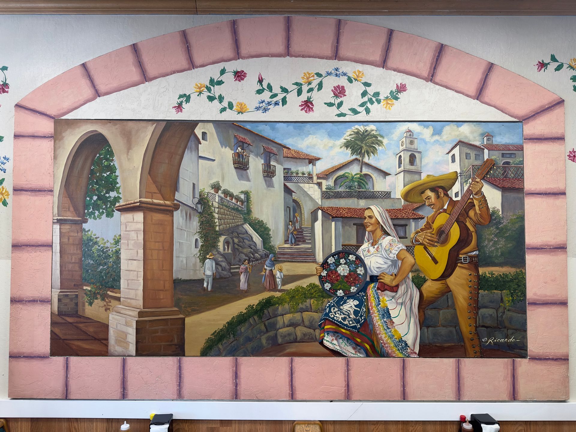A painting of a group of people standing around a market.