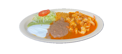 Plate of Mexican food: shrimp, rice, beans, lettuce, tomato, sour cream.