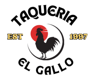 Logo for Taqueria El Gallo: Black rooster inside a crescent, red sun, text
