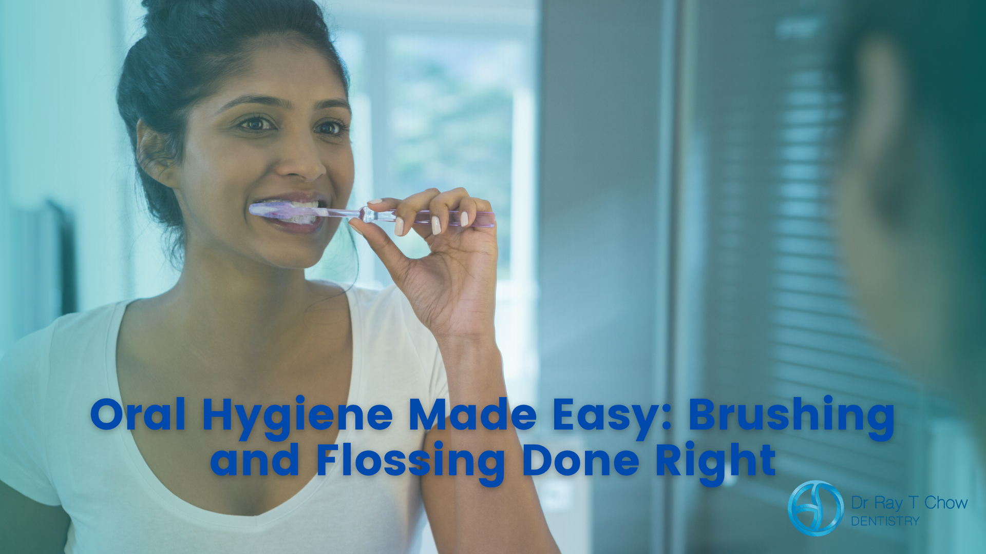 Woman brushing her teeth in a bathroom, text overlay: