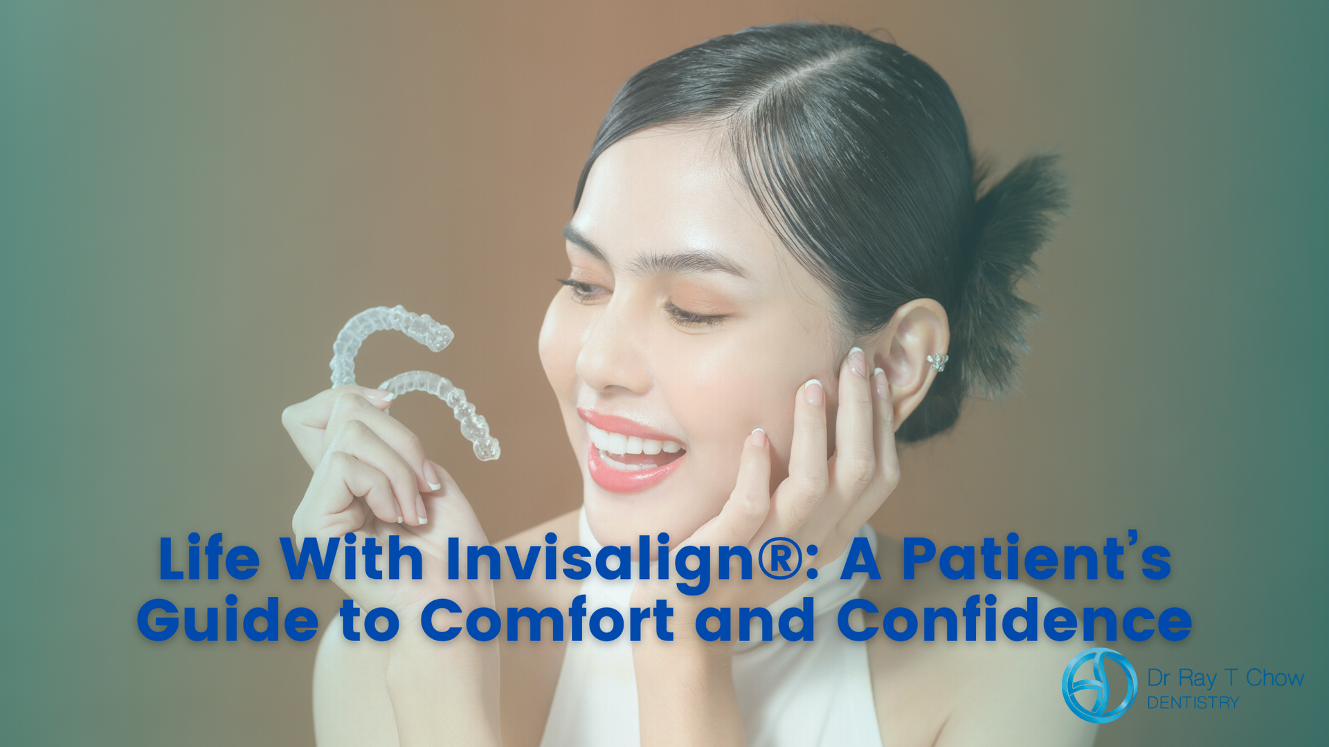 Woman holding Invisalign aligners, smiling. Teal text: 