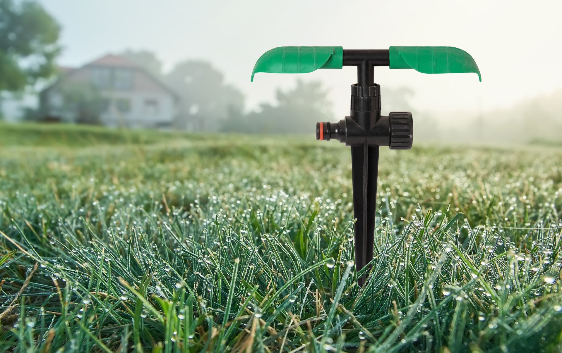 A lawn sprinkler is sitting on top of a lush green lawn.