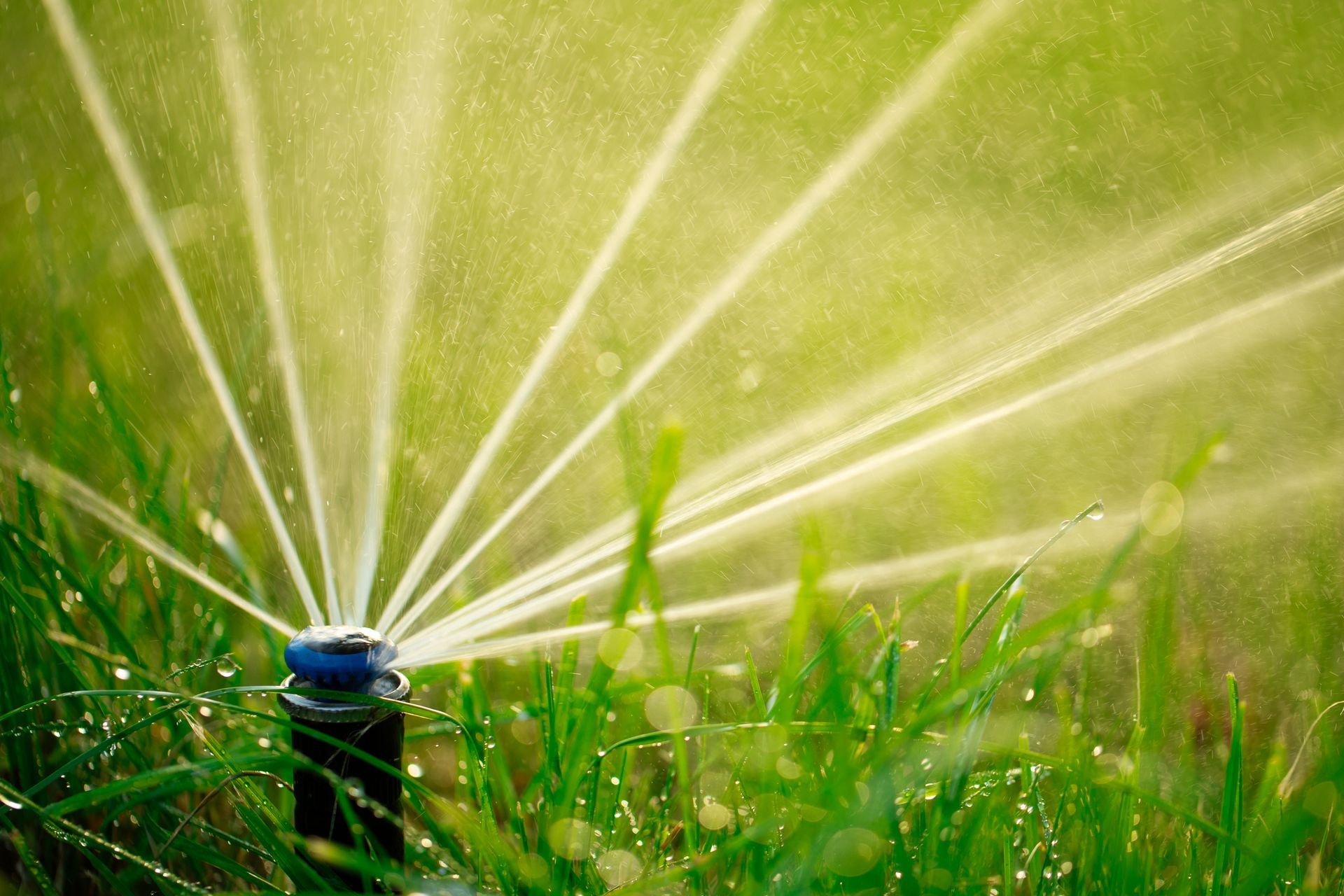 A close up of a sprinkler spraying water on a lush green field.
