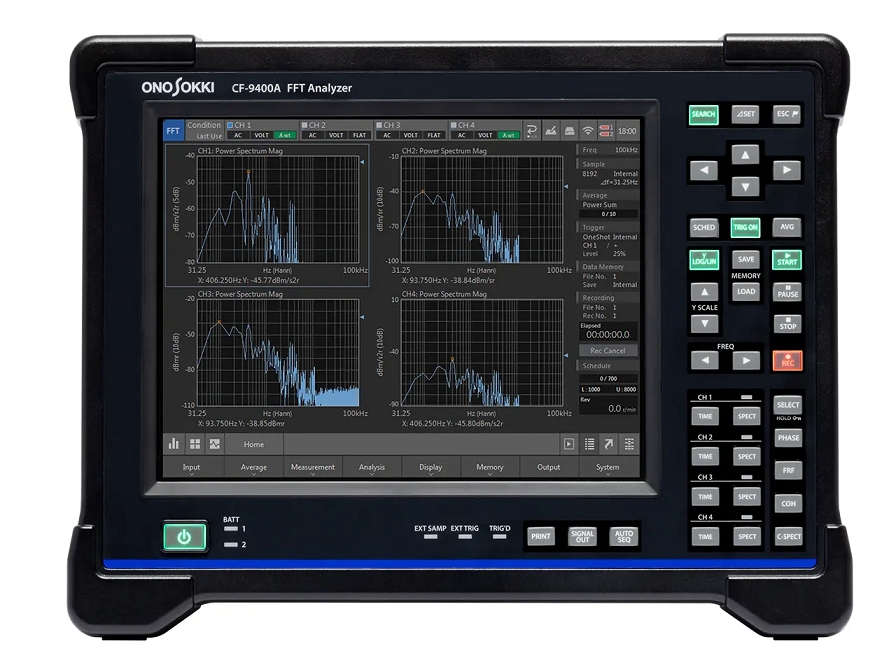 FFT Analysers perform A/D conversion of the raw waveform of an electrical signal of vibration, noise, pressure, strain, etc. coming from a sensor and then displays the result as time domain data. 