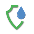 A blue drop of water next to a shield with a check mark on it.