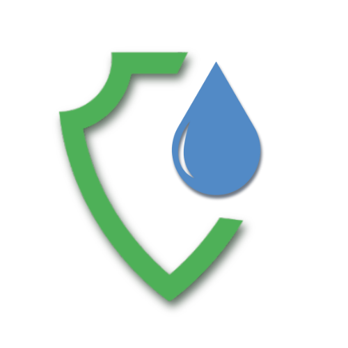 A blue drop of water next to a shield with a check mark on it.