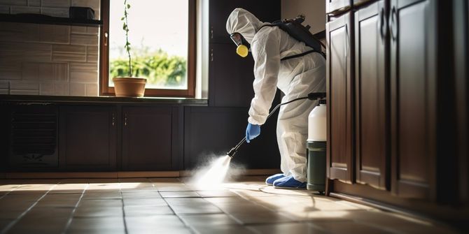 Person in hazmat suit sprays disinfectant on kitchen floor by a window