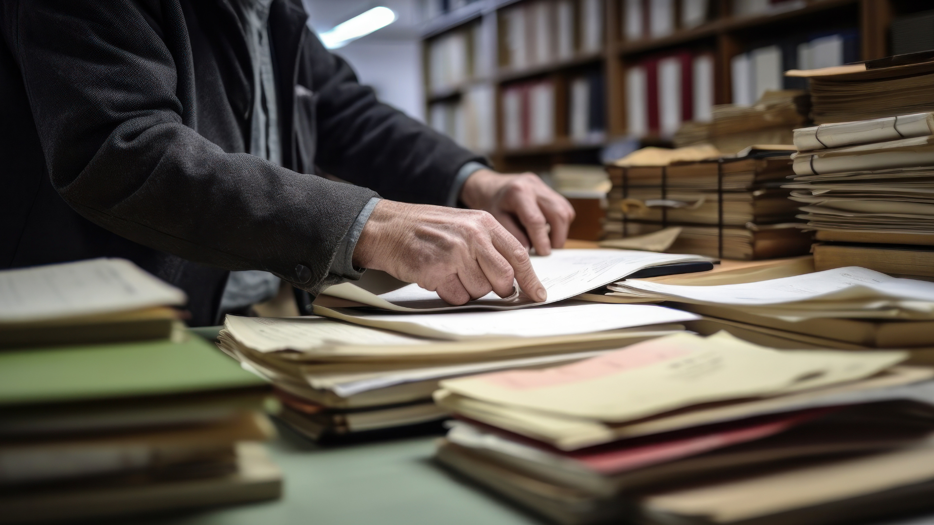 Person in a gray jacket sorting through aged documents in a cluttered archive setting.