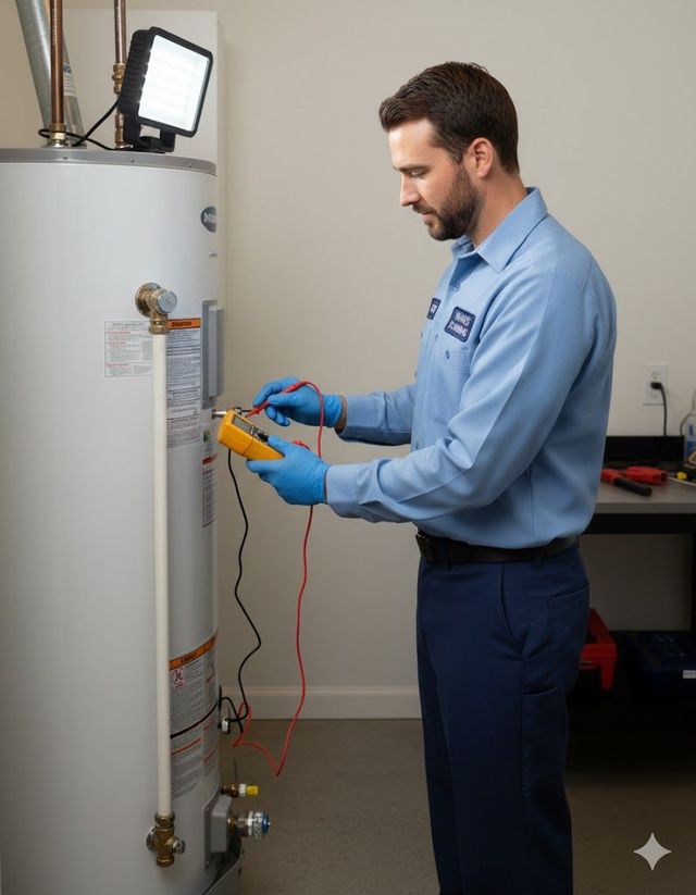 Plumber testing a water heater with a multimeter, wearing blue gloves, in a utility room.