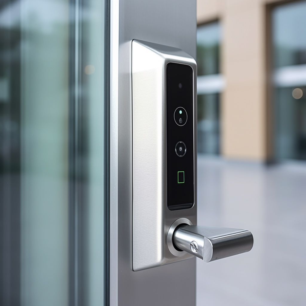 A close up of a door lock on a glass door.