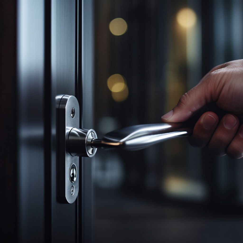 A person is opening a door with a silver handle