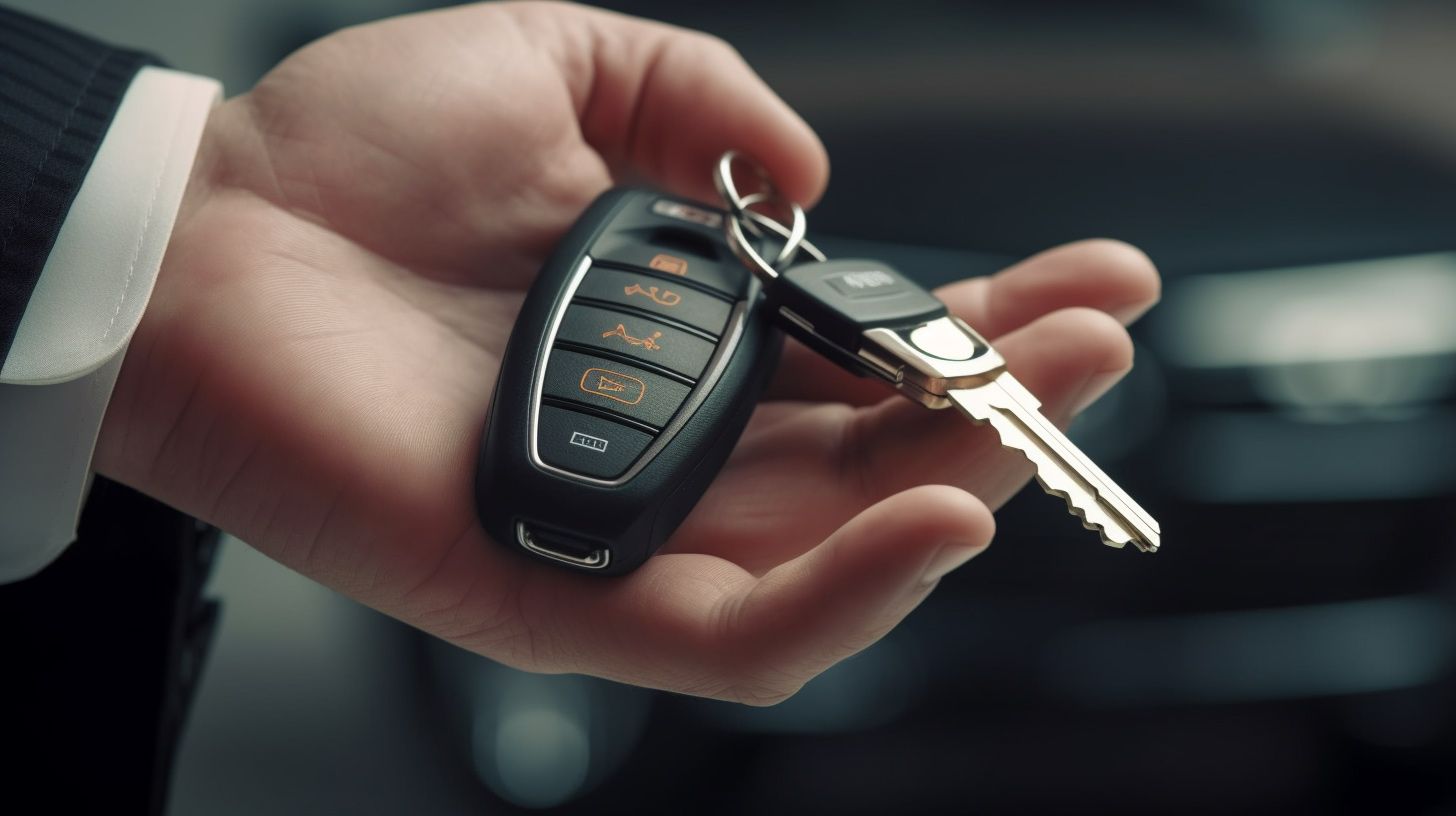 a man in a suit is holding a car key in his hand