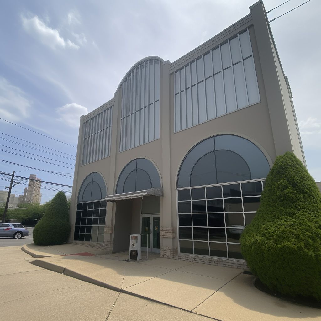 A large building with a lot of windows and a car parked in front of it