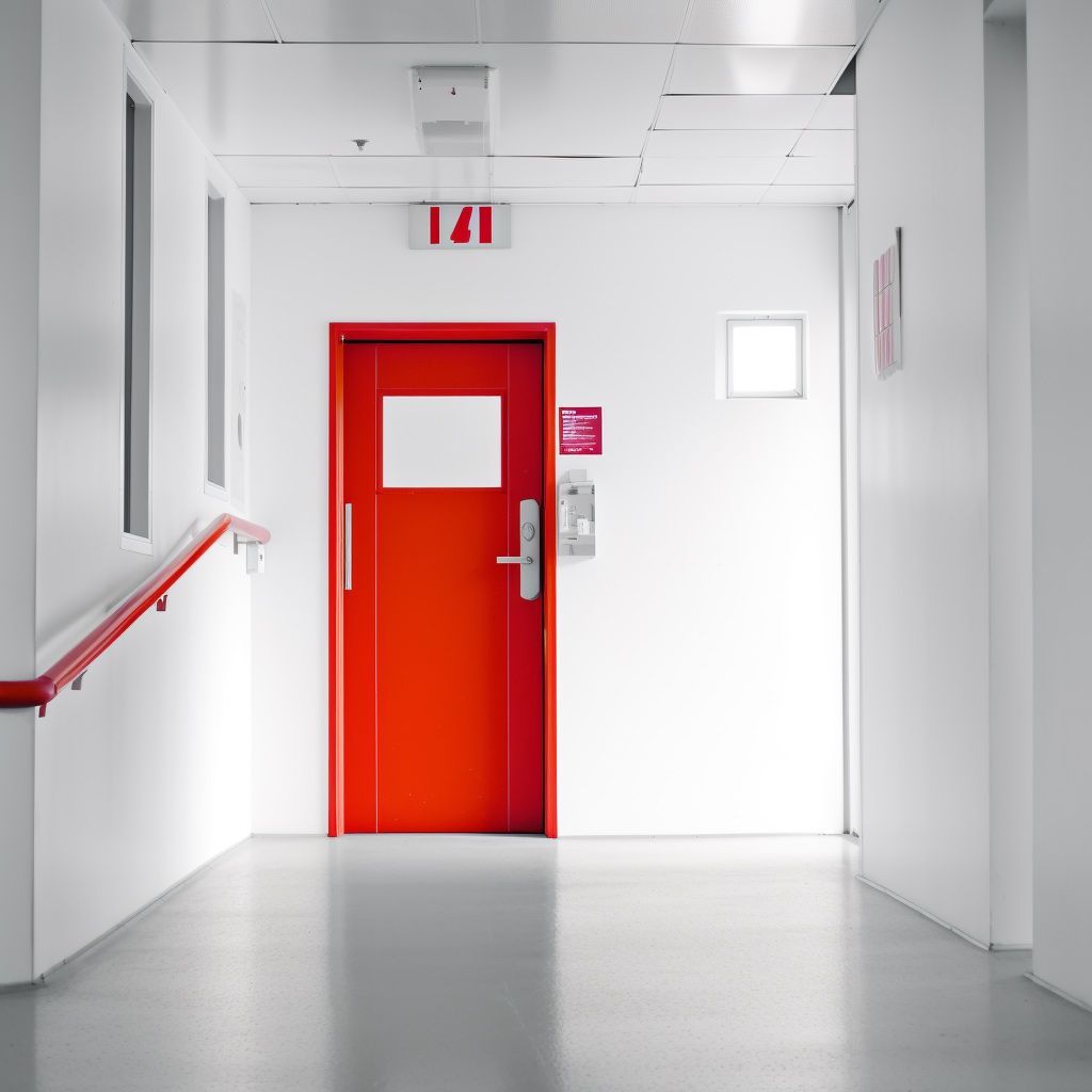 A long hallway with a red door and the number 171 on the ceiling