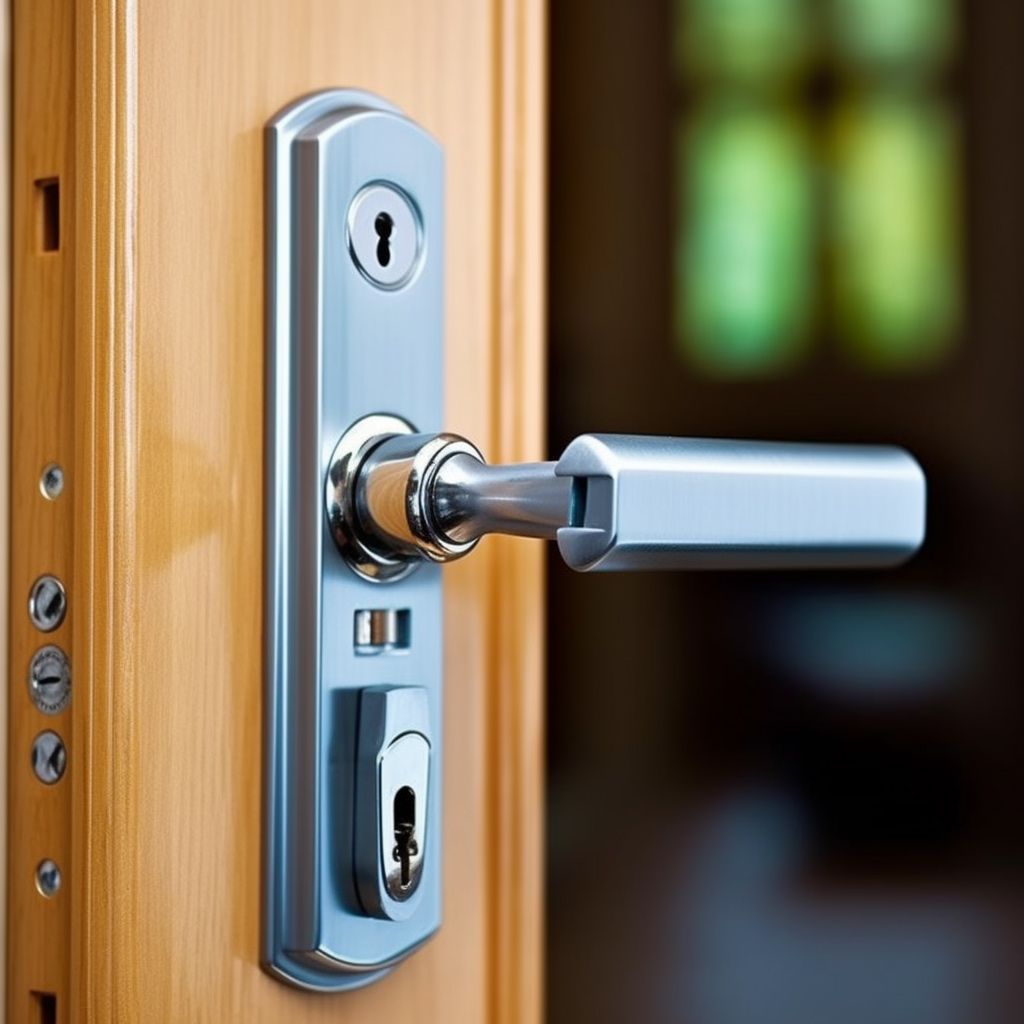A close up of a door handle on a wooden door