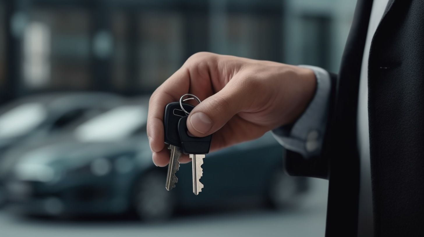 A man in a suit is holding a car key in front of a car.
