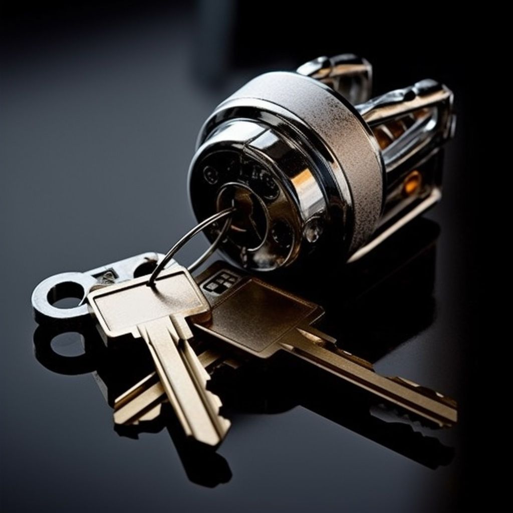 A bunch of keys laying on top of a lock with the letter c on it