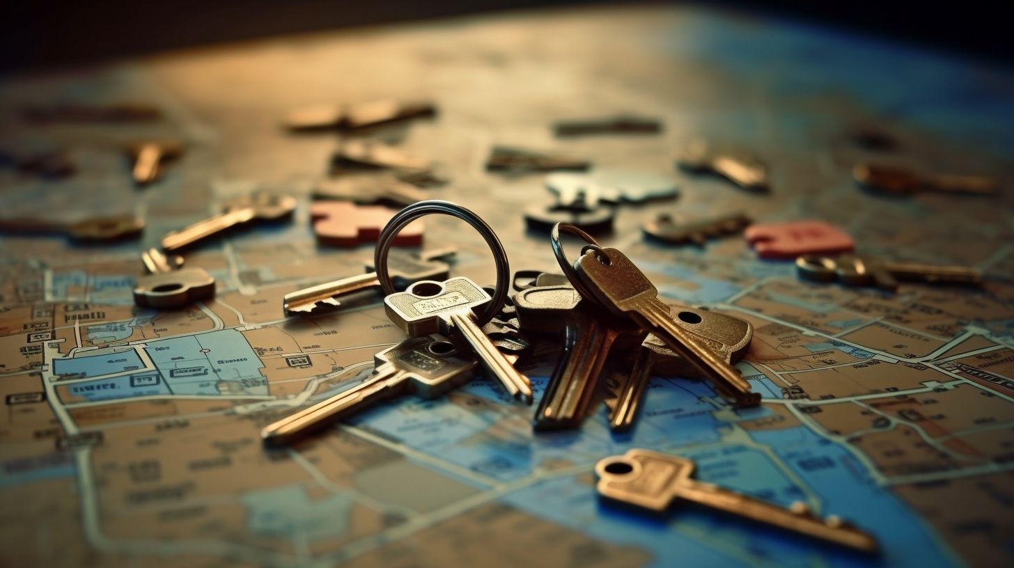 A bunch of keys are laying on top of a map.