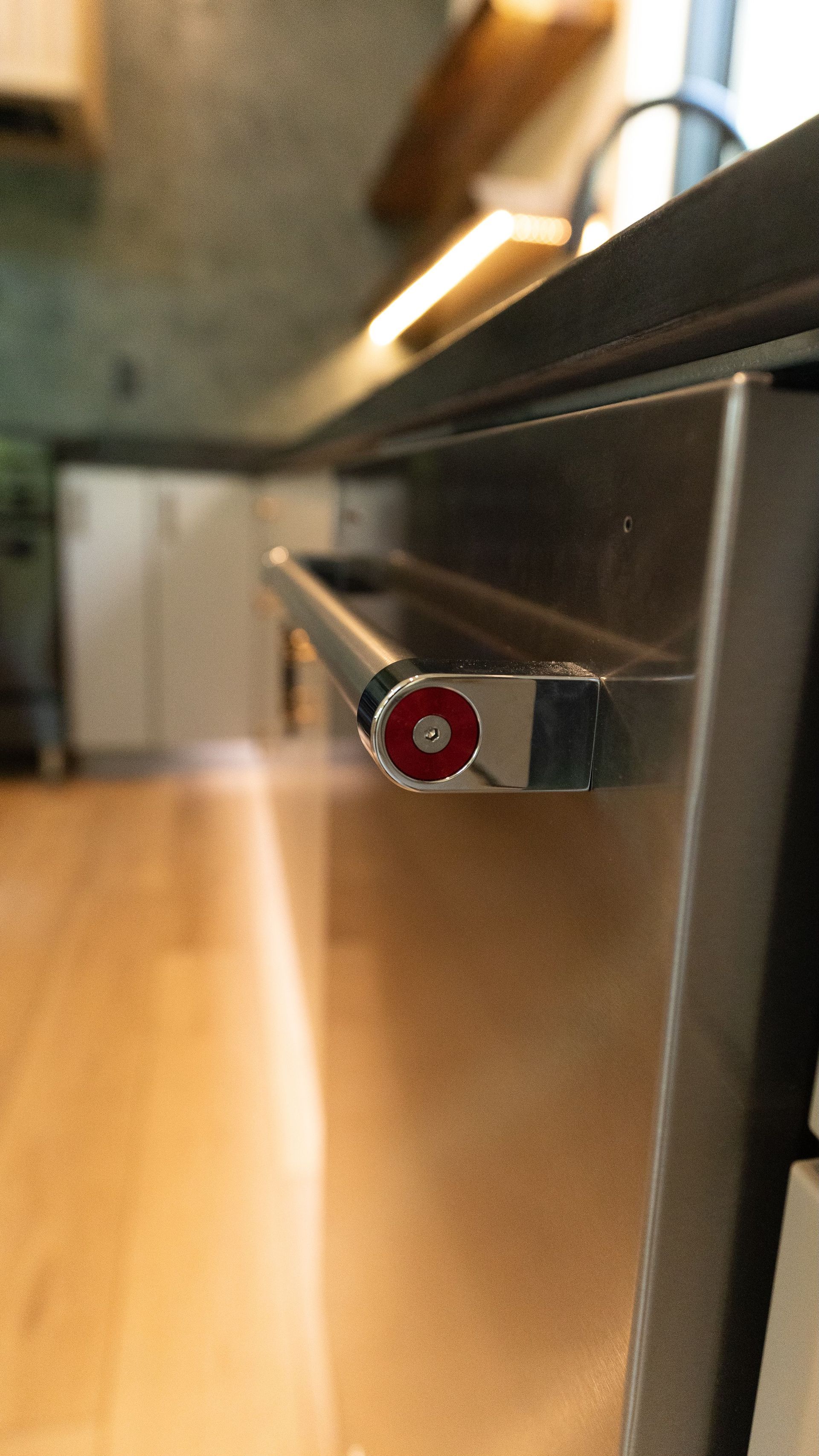 Stainless steel dishwasher with a red and white button on the handle in a kitchen setting.