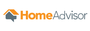 HomeAdvisor logo: Orange house icon with gray speech bubble, orange text 