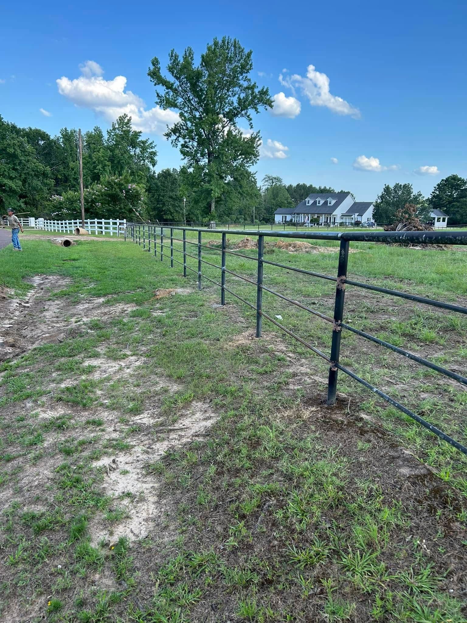 Black metal fence in a grassy field, with a house and trees in the background under a blue sky.