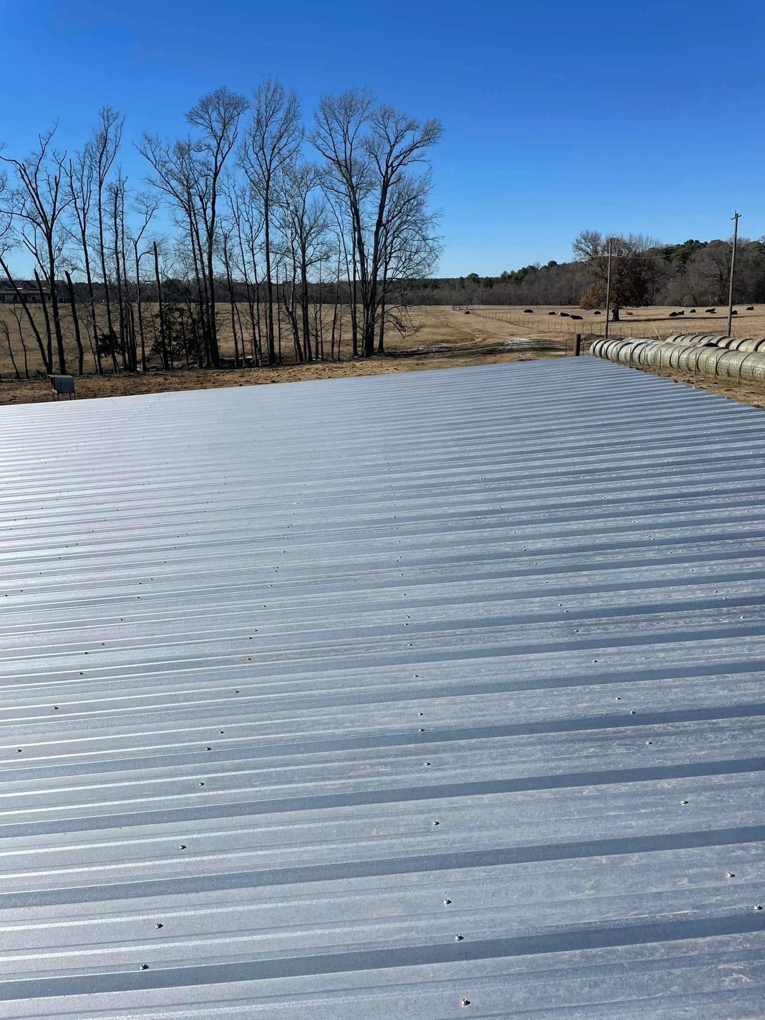 Corrugated metal roof on a structure outdoors, trees in the background, bright blue sky.