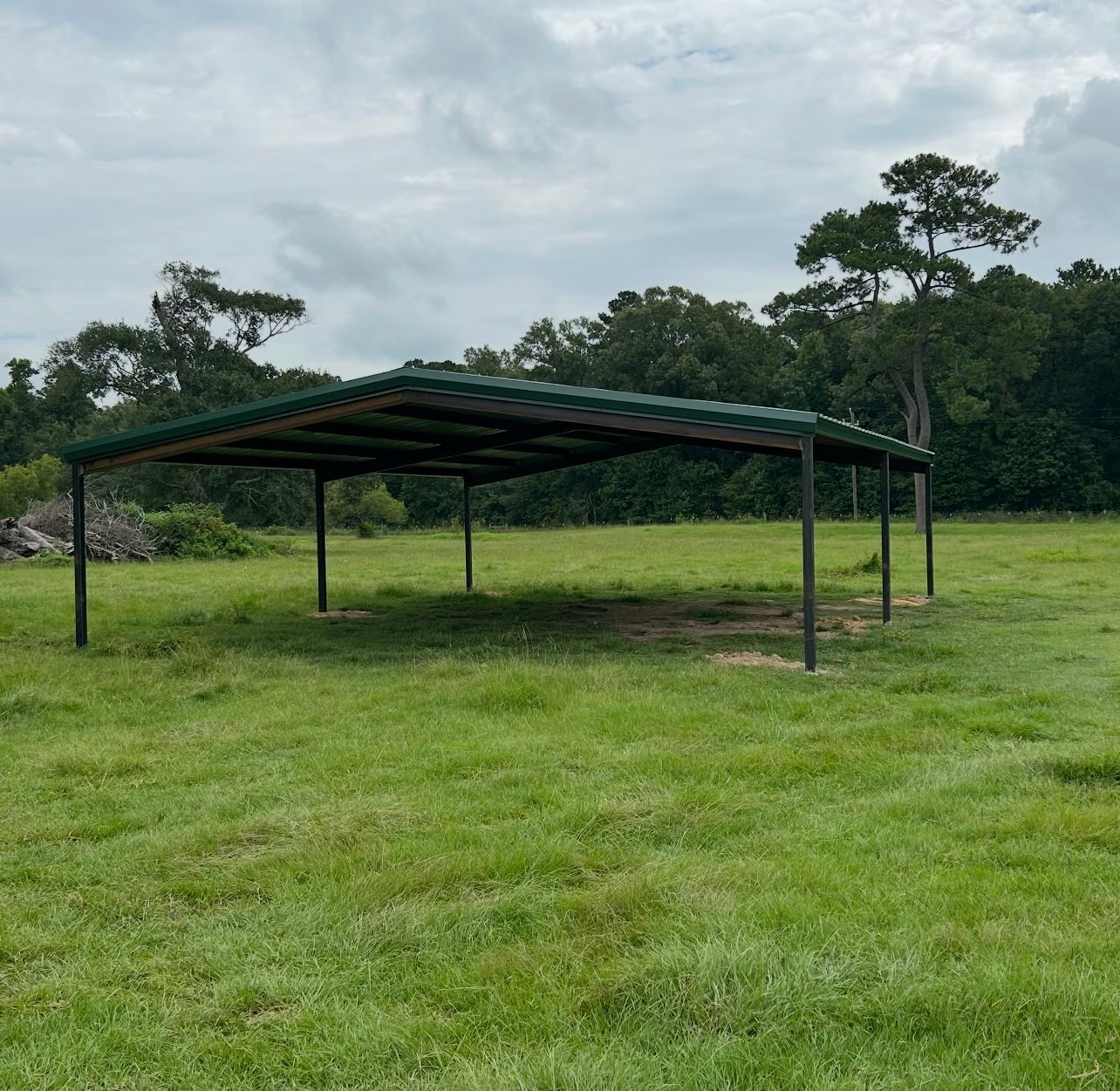 Green metal carport in a grassy field, overcast sky, trees in the background.