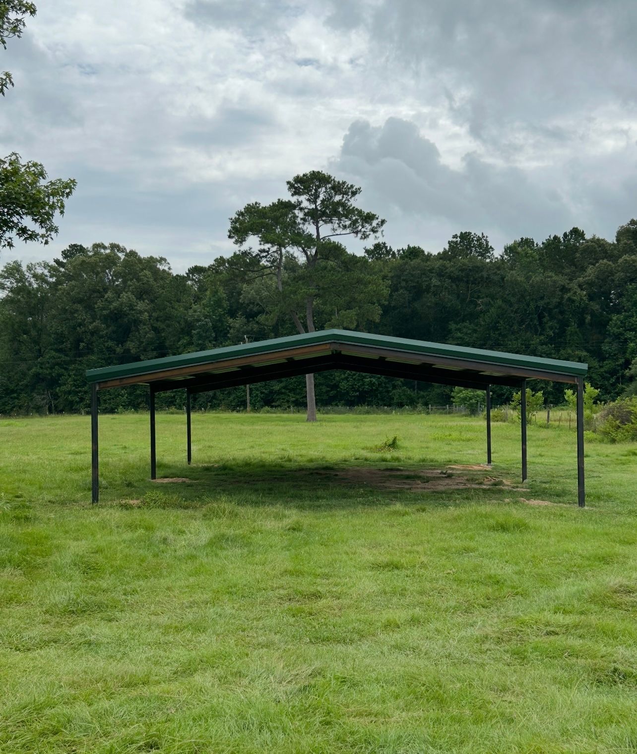 Green-roofed carport in grassy field, surrounded by trees under a cloudy sky.
