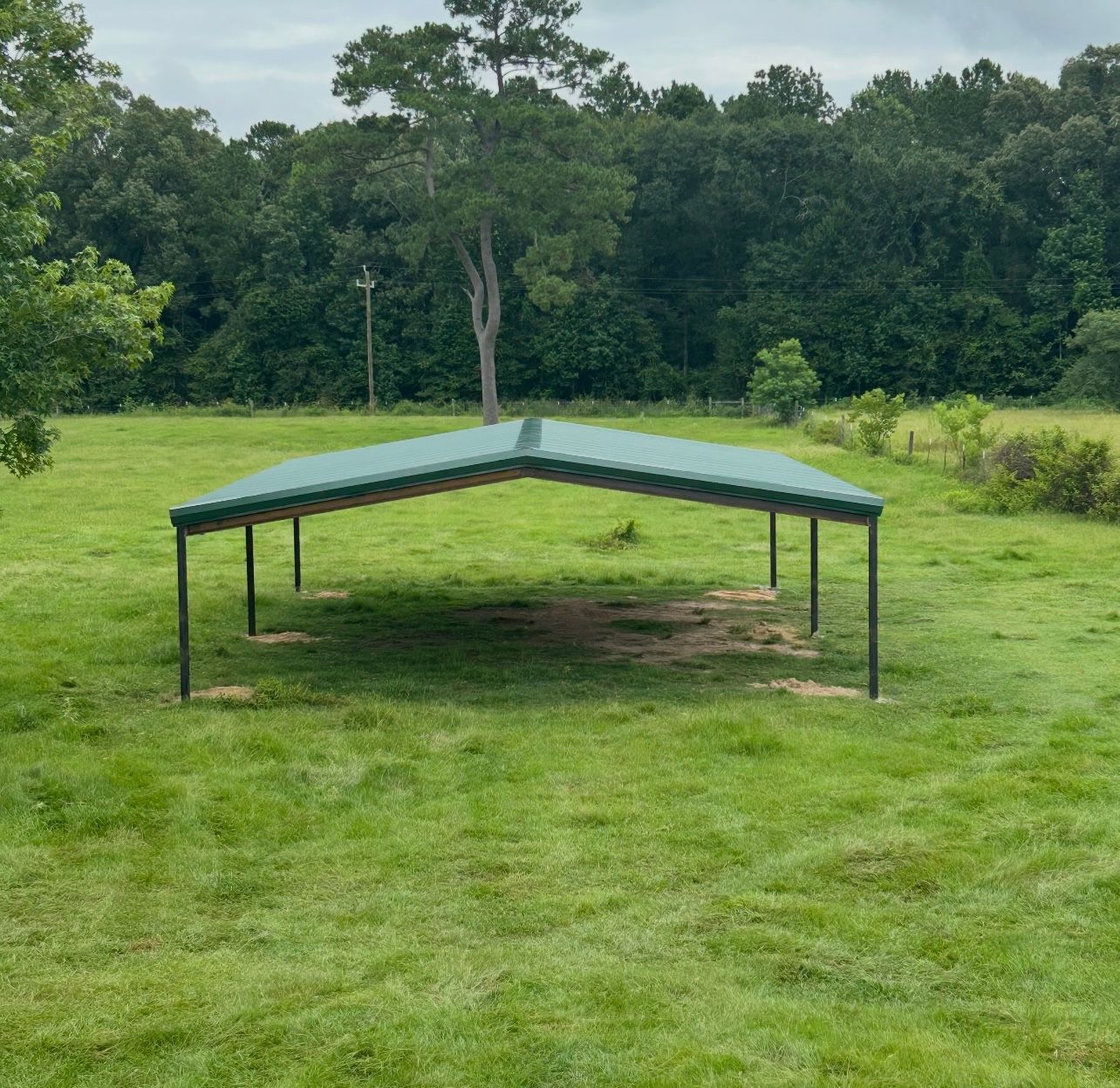 Green metal carport in a grassy field with trees in the background.
