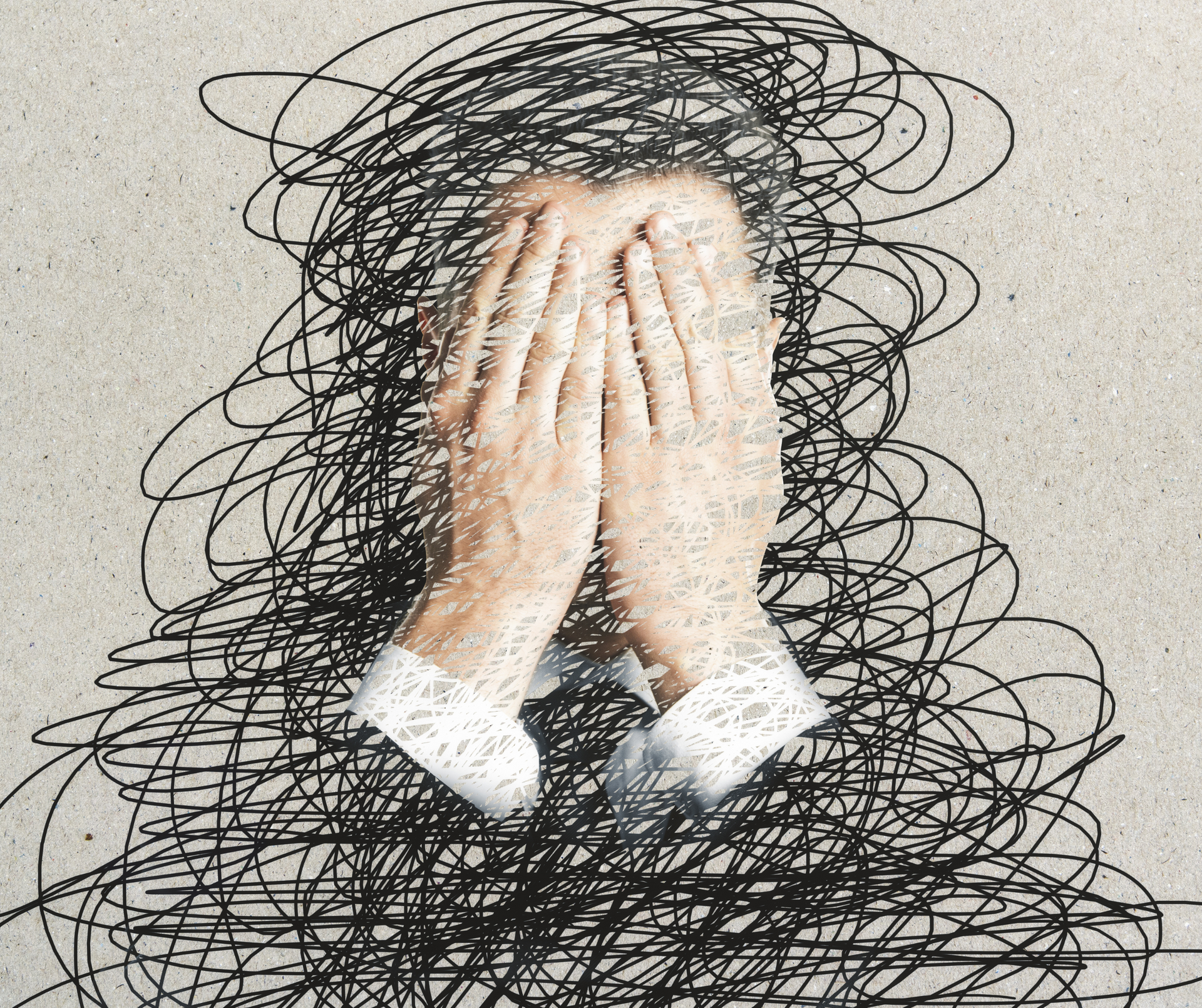 Afbeelding van handen die het gezicht bedekken, omgeven door chaotische lijnen, symboliseert mentale overweldiging, angst en burnout.