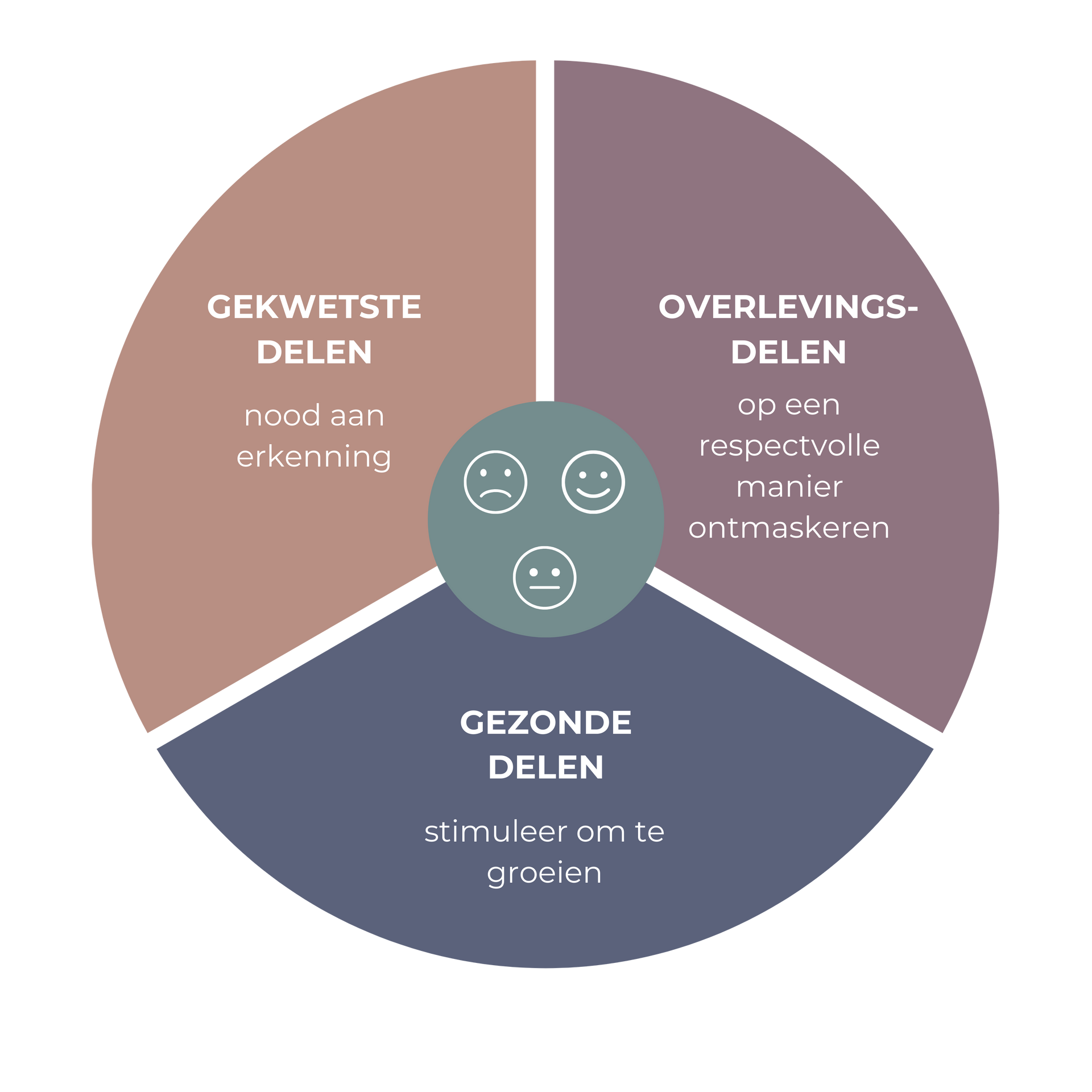 Diagram van het Traumamodel van Ruppert (Driedelige Splitsing) voor het analyseren van trauma, overlevingsdelen en gezonde autonomie.