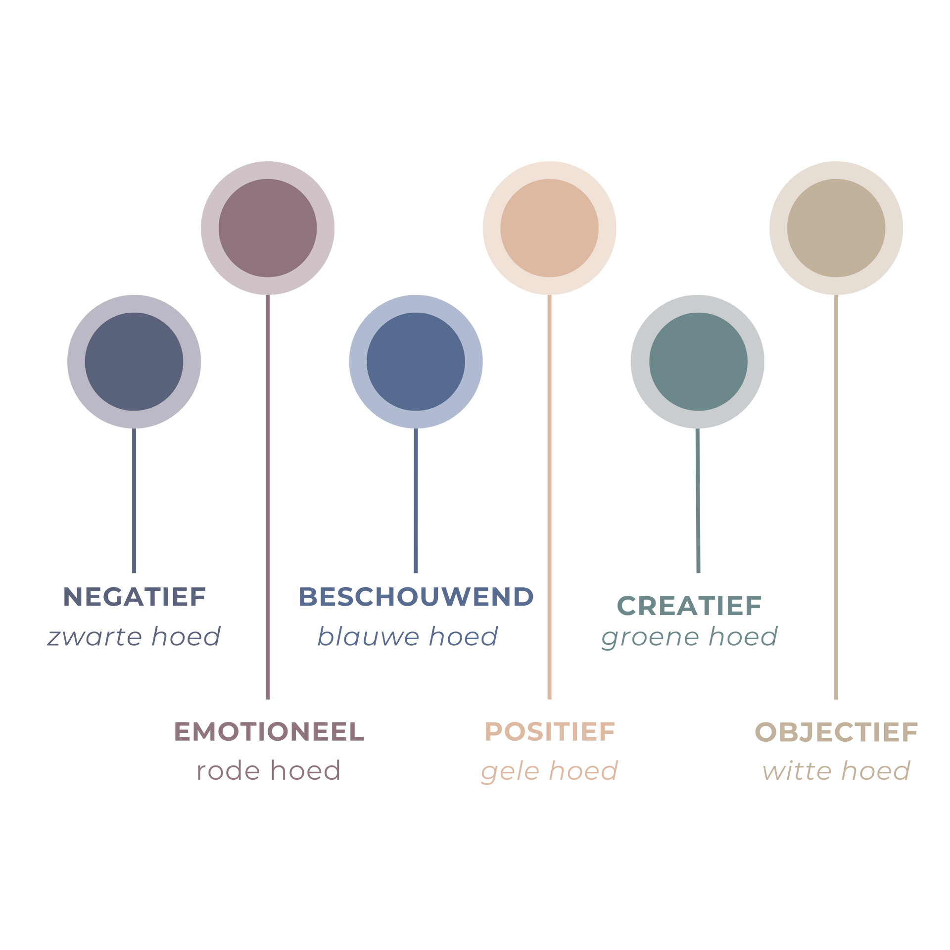 Diagram van de Zes Denkhoeden (De Bono) voor gestructureerde communicatie en effectieve besluitvorming in teams.