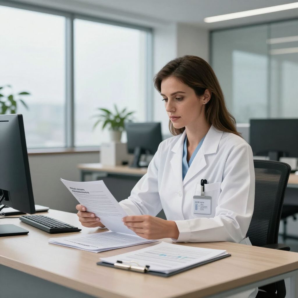Doctor in white coat reviewing documents at a desk in an office.