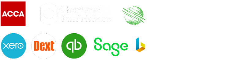 Logos for ACCA, Chartered Tax Advisors, DFK International, xero, dext, quick books, sage and bright pay
