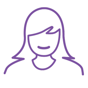 a purple line drawing of a woman with long hair and a smile on her face .