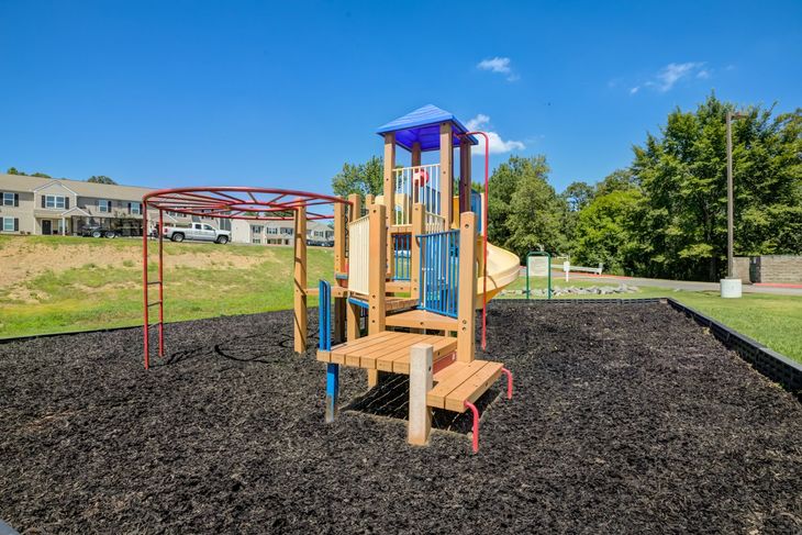 Playground with wooden structure, slide, monkey bars, and black mulch on a sunny day.