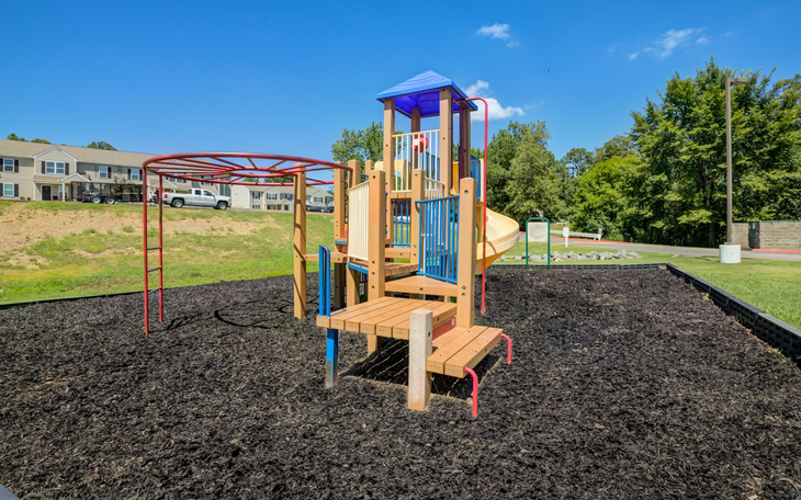 Playground with wooden structure, slide, monkey bars, and black mulch on a sunny day.